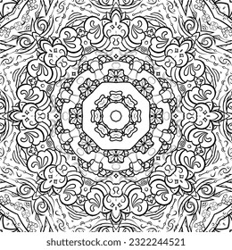 Seamless tile texture. Tracery mehndi design image. Binary monochrome black and white. Ethnic doodle art. Curved doodling picture. Vector