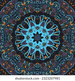 Seamless tile texture. Tracery mehndi design image. Dark toxic colors. Ethnic doodle art. Curved doodling picture. Vector