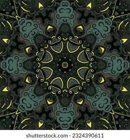 Seamless tile texture. Tracery mehndi design image. Dark toxic colors. Ethnic doodle art. Curved doodling picture. Vector