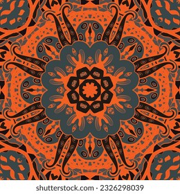 Seamless tile texture. Tracery mehndi design image. Dark toxic colors. Ethnic doodle art. Curved doodling picture. Vector