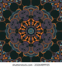 Seamless tile texture. Tracery mehndi design image. Dark toxic colors. Ethnic doodle art. Curved doodling picture. Vector