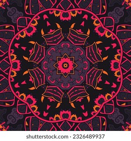 Seamless tile texture. Tracery mehndi design image. Dark toxic colors. Ethnic doodle art. Curved doodling picture. Vector