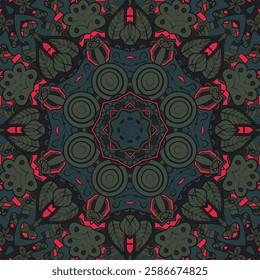 Seamless tile texture. Tracery mehndi design image. Dark toxic colors. Ethnic doodle art. Curved doodling picture. Vector