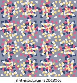 seamless tile with triangular shapes in yellow with pink and white colors on a light blue background, vector pattern