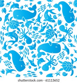 seamless tile of various creatures of the sea