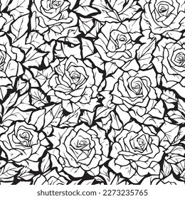 Nahtlose Vektorgrafik von Rosen und Blättern in Schwarz-Weiß-Farbe für Hintergrund, Hintergrund, Tapete oder Textil.