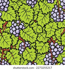 Seamless Tile Vector Illustration Art of Grapes and Leaves for Background, Backdrop, Wallpaper, or Textile.