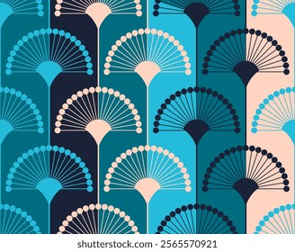 seamless tile wallpaper pattern art deco style with flower fans in blue tones