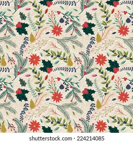 Seamless Tileable Christmas Holiday Floral Background Pattern - Vector Illustration
