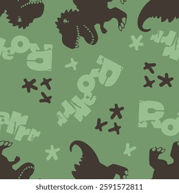 Seamless, tileable dinosaur pattern featuring playful green T-Rex illustrations, footprints, and the word 'Roarrr' in a fun, hand-drawn style.