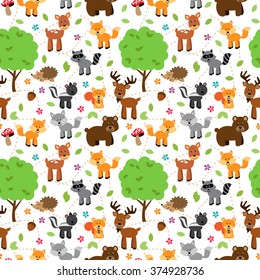 Seamless, Tileable Forest Animals Vector Background Pattern
