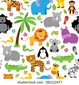 Seamless, Tileable Jungle Or Zoo Animal Themed Background Patterns