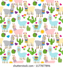 Seamless, Tileable Llama and Cactus Pattern or Background