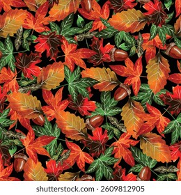 seamless tileable orange yellow red green maple autumn leaves and acorn against black ground