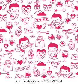 Seamless tileable pattern for Valentines Day with hand drawn illustrations of cupids and romantic items