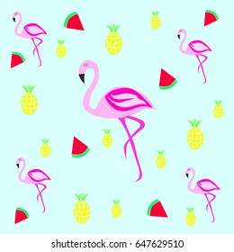 seamless tileable texture - flamingo with pineapple and strawberries