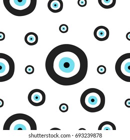 seamless tileable texture with greek evil eye in black and turquoise colors - symbol of protection