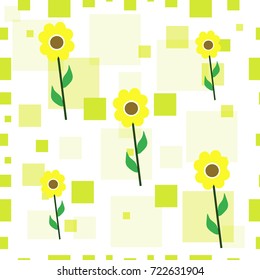 seamless tileable texture with yellow sunflowers and green squares