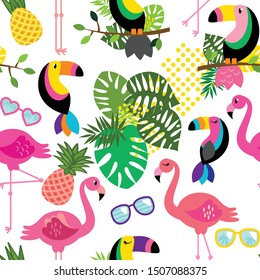 Seamless, Tileable Tropical Vector Pattern with Flamingos, Toucans, Cacti and Tropical Leaves