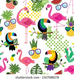 Seamless, Tileable Tropical Vector Pattern with Flamingos, Toucans, Cacti and Tropical Leaves
