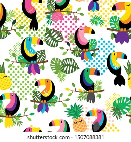 Seamless, Tileable Tropical Vector Pattern with Flamingos, Toucans, Cacti and Tropical Leaves
