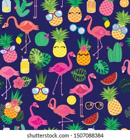 Seamless, Tileable Tropical Vector Pattern with Flamingos, Toucans, Cacti and Tropical Leaves