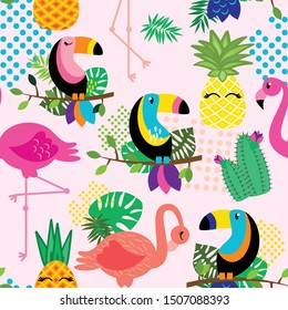 Seamless, Tileable Tropical Vector Pattern with Flamingos, Toucans, Cacti and Tropical Leaves