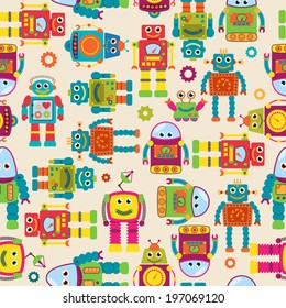 Seamless Tileable Vector Background Pattern with Cute Robots