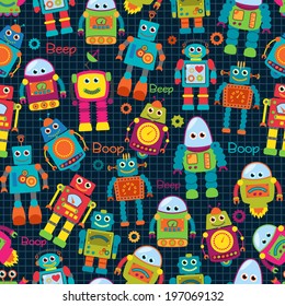 Seamless Tileable Vector Background Pattern with Cute Robots