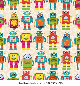 Seamless Tileable Vector Background Pattern with Cute Robots