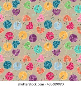 Seamless, Tileable Vector Background with Yarn, Knitting Needles and Crochet Hooks