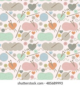 Seamless, Tileable Vector Background with Yarn, Knitting Needles and Crochet Hooks