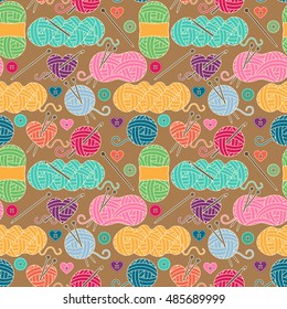 Seamless, Tileable Vector Background with Yarn, Knitting Needles and Crochet Hooks