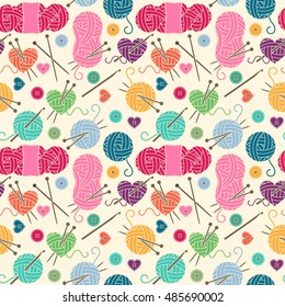 Seamless, Tileable Vector Background with Yarn, Knitting Needles and Crochet Hooks