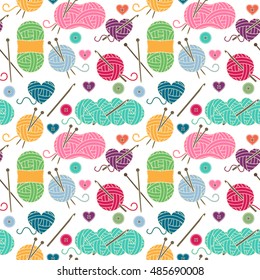 Seamless, Tileable Vector Background with Yarn, Knitting Needles and Crochet Hooks