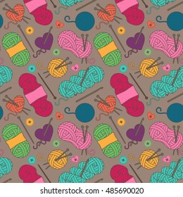 Seamless, Tileable Vector Background with Yarn, Knitting Needles and Crochet Hooks