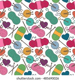 Seamless, Tileable Vector Background with Yarn, Knitting Needles and Crochet Hooks