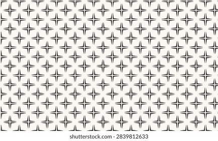 Seamless tileable vector pattern of bold four-pointed stars in crisp black and white. Perfect for wallpaper, textile, packaging, gift wrap, and home decor