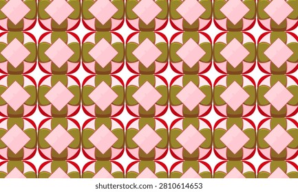 Seamless tileable vector pattern featuring batik kawung-inspired geometric rosettes with interlocking ovals, diamond centers, and curved petals in pink, red, and olive green