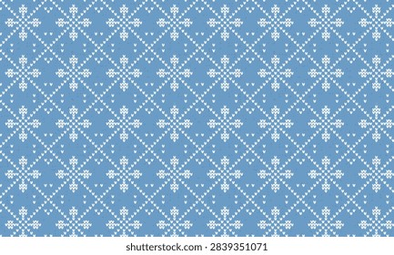 Seamless tileable vector pattern with white snowflake motifs on powder blue, mimicking a Fair Isle knit stitch texture, Perfect for holiday textile, wrapping paper, and festive packaging