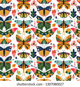 Seamless, Tileable Wallpaper Pattern with Boho Style Butterflies, Moths and Floral Elements