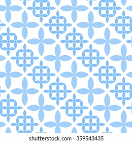Seamless tiled background of blue petals and flowers on white. Pattern for ceramics. Vector illustration.