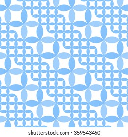 Seamless tiled background of blue petals and flowers on white. Pattern for ceramics. Vector illustration.
