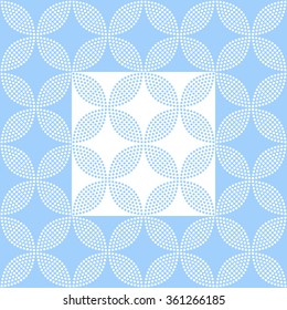 Seamless tiled background of blue and white petals and flowers in square. Mosaic for ceramics. Dotted pattern. Vector illustration.
