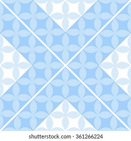 Seamless tiled background of blue and white petals and flowers in square. Mosaic for ceramics. Dotted pattern. Vector illustration.