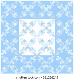 Seamless tiled background of blue and white petals and flowers in square. Mosaic for ceramics. Dotted pattern. Vector illustration.