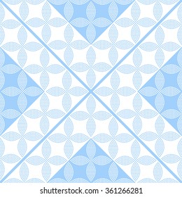 Seamless tiled background of blue and white petals and flowers in square. Mosaic for ceramics. Dotted pattern. Vector illustration.