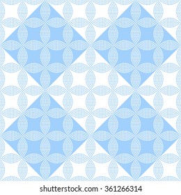 Seamless tiled background of blue and white petals and flowers in square. Mosaic for ceramics. Dotted pattern. Vector illustration.
