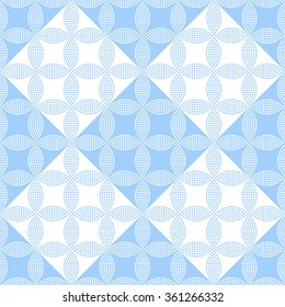 Seamless tiled background of blue and white petals and flowers in square. Mosaic for ceramics. Dotted pattern. Vector illustration.