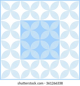 Seamless tiled background of blue and white petals and flowers in square. Mosaic for ceramics. Dotted pattern. Vector illustration.
